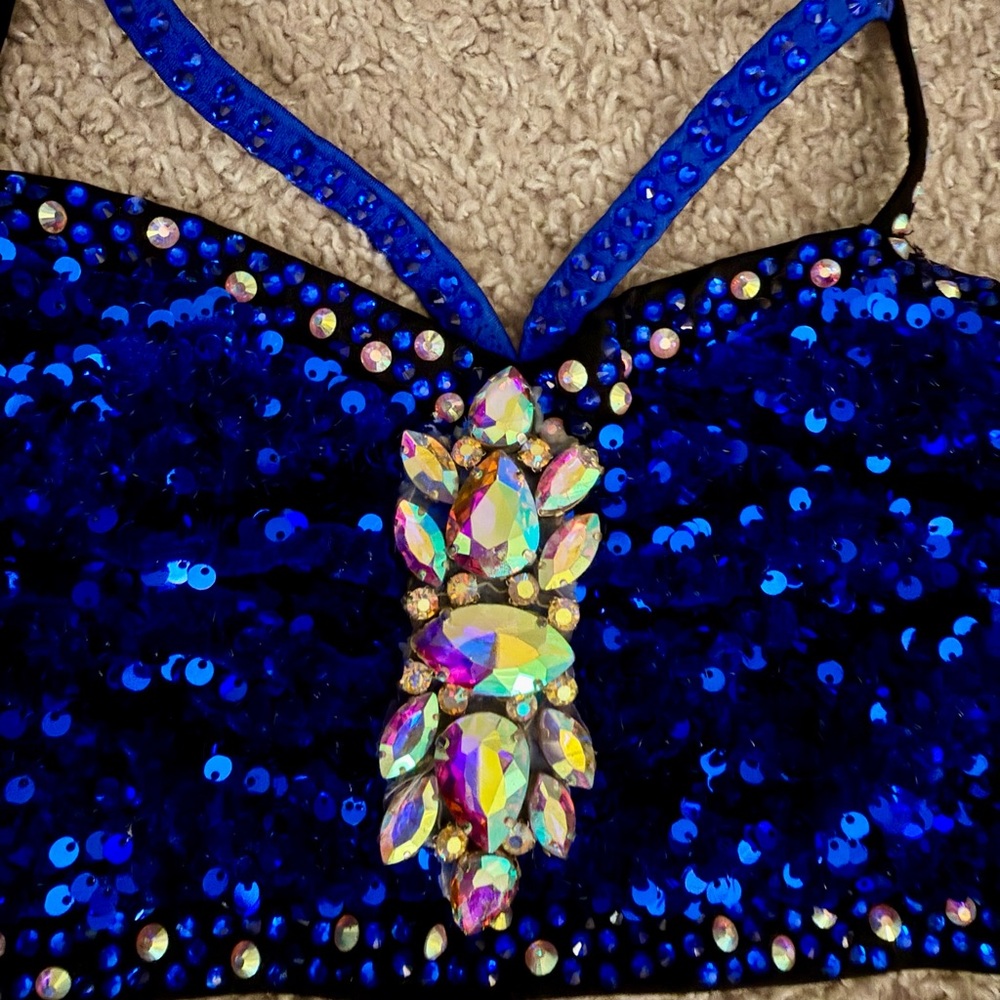 Glamour Blue Sequin Dance Attached 2-piece with Strappy Detail - Size M - Picture 5 of 10